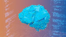 A render of a low-polygon brain representing open source AI, surrounded by code. Decorative: the brain is blue and has yellow dots on its vertices, while the code is also blue and blurry against an orange-to-blue gradient.