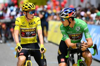 Jonas Vingegaard (Jumbo-Visma) and teammate Wout Van Aert prior to the Tour de France 2022 Stage 17