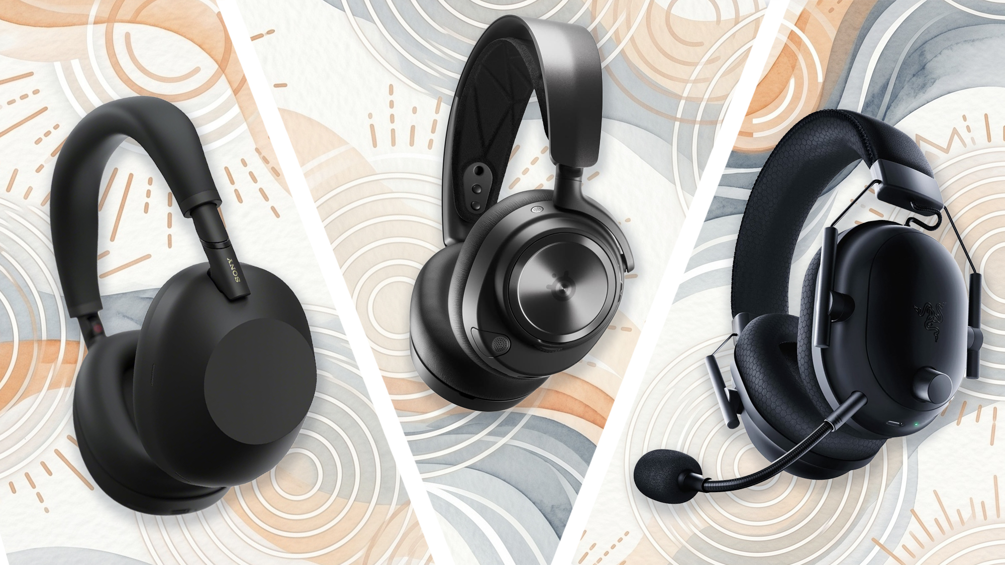 A three-part image, featuring the Sony WH-1000XM6, SteelSeries Arctis Nova Pro and Turtle Beach Stealth Pro from left to right.