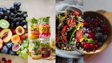 A collection of salad ingredients and toppings including fruit and vegetables