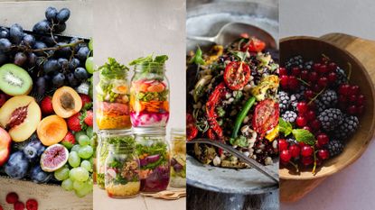 A collection of salad ingredients and toppings including fruit and vegetables
