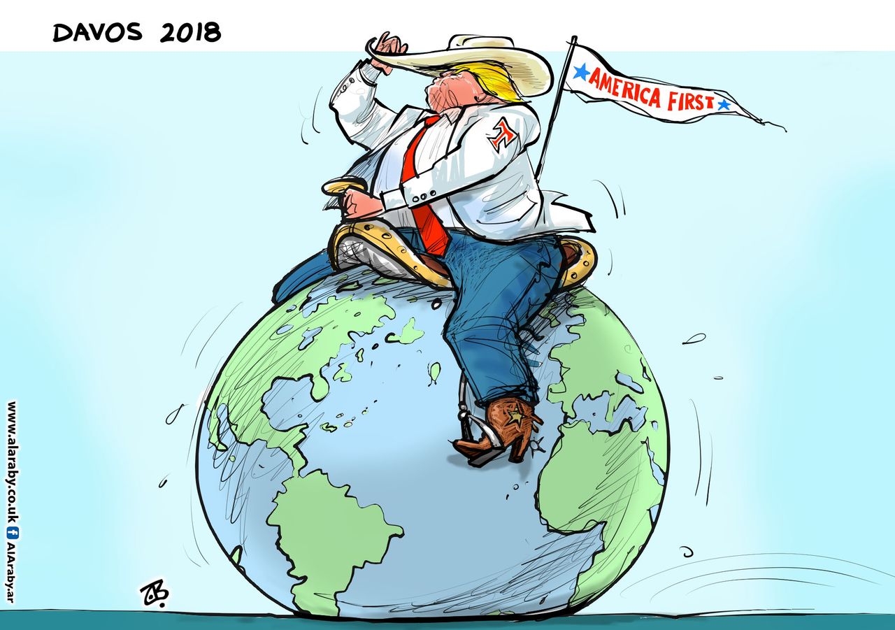 Political cartoon U.S. Trump Davos America First foreign policy