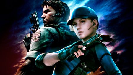 Key art for Resident Evil 5's Lost in Nightmares DLC showing Jill and Chris ready for action with their guns drawn against a moody looking sky