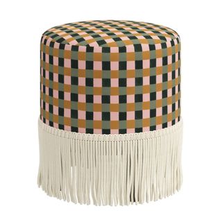 Pierre Fringe Ottoman In Painted Check Plaid Sage Oga