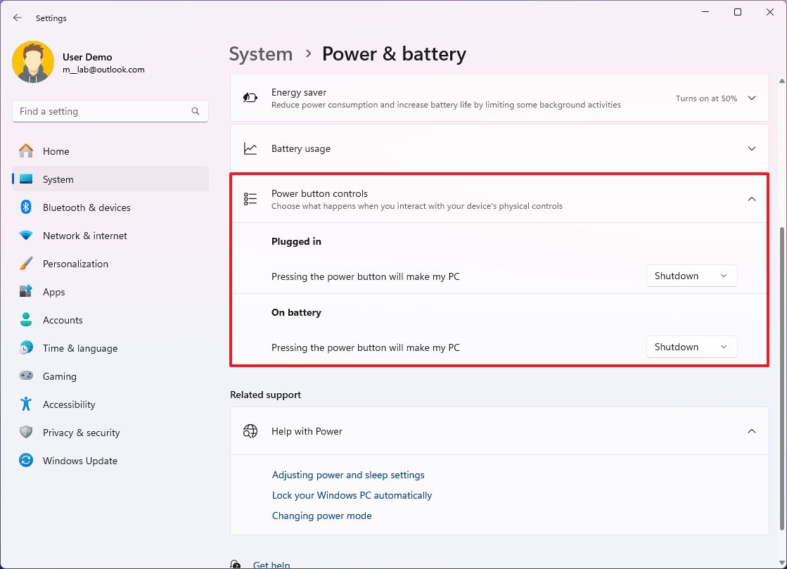 Power button controls settings