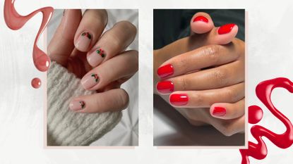 On the left is a close-up of a hand with holly berry nails by nail artist, Megan Rose (@gel.bymegan) and on the right is a close-up of two hands with bright berry-red nails by manicurist, Julia Diogo (@paintedbyjools)/ both featured in a white and grey marble-like template with red nail polish spills.