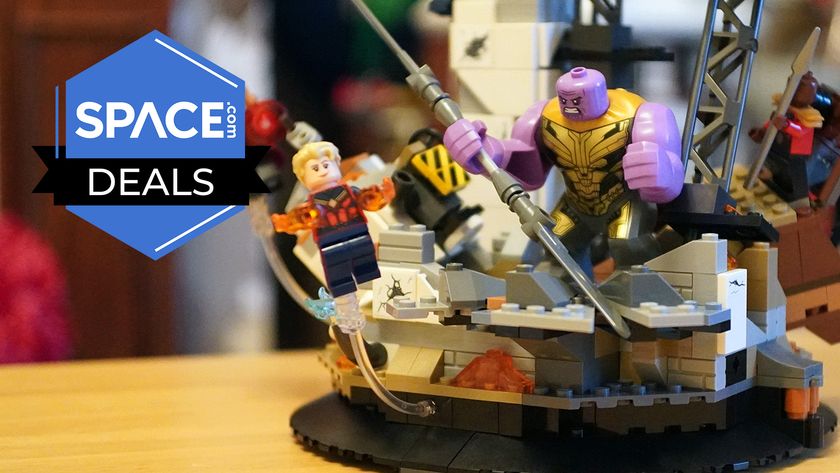Lego's Endgame final battle set, with Lego Captain Marvel flying away from Lego Thanos. 