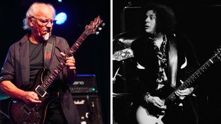 (Left) Martin Barre plays a PRS onstage at Bogie's on March 10, 2019 in Westlake Village, California and Leslie West, and (right) a black and white image of Leslie West with a Les Paul Junior from June 1971