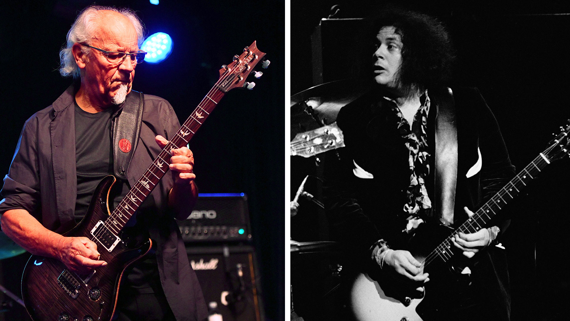 (Left) Martin Barre plays a PRS onstage at Bogie&#039;s on March 10, 2019 in Westlake Village, California and Leslie West, and (right) a black and white image of Leslie West with a Les Paul Junior from June 1971