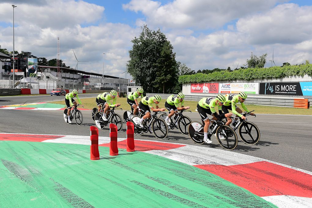 Trek-Segafredo take a corner during a team trial test run in Zolder
