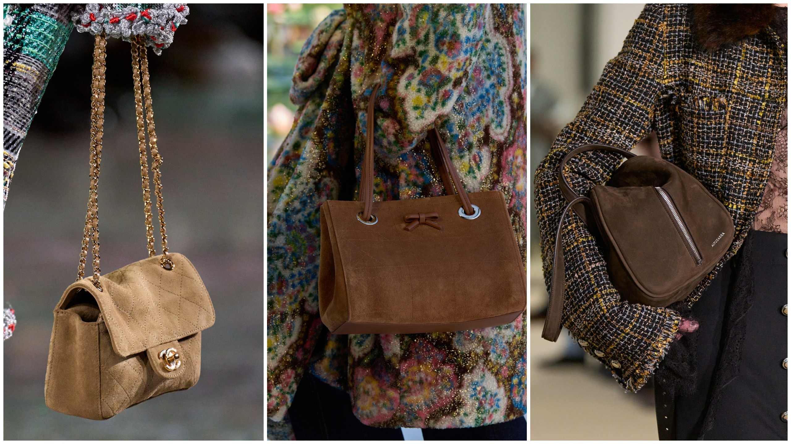 brown suede bags on the runways of chanel, dior, and altuzarra