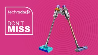 Dyson V10 Absolute and V15s Submarine Complete on pink background with TechRadar 'Don't Miss' text