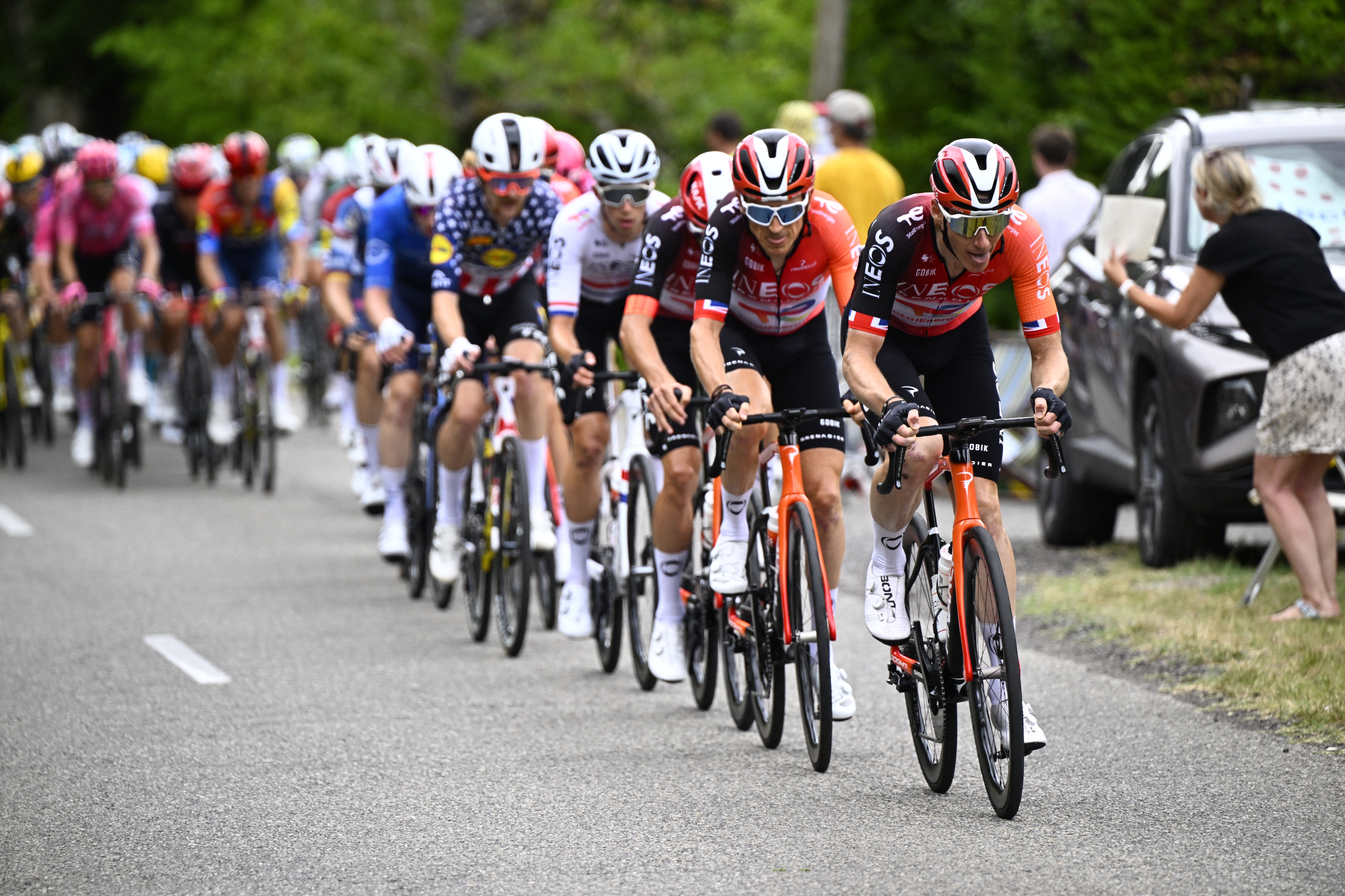 The pack of riders pictured in action during stage 17 of the 2025 Tour de France cycling race, from Bollene to Valence (161km), on Wednesday 23 July 2025 in France. The 112th edition of the Tour de France starts on Saturday 5 July in Lille, France, and will finish in Paris, France on the 27th of July. BELGA PHOTO JASPER JACOBS (Photo by JASPER JACOBS / BELGA MAG / Belga via AFP) (Photo by JASPER JACOBS/BELGA MAG/AFP via Getty Images)