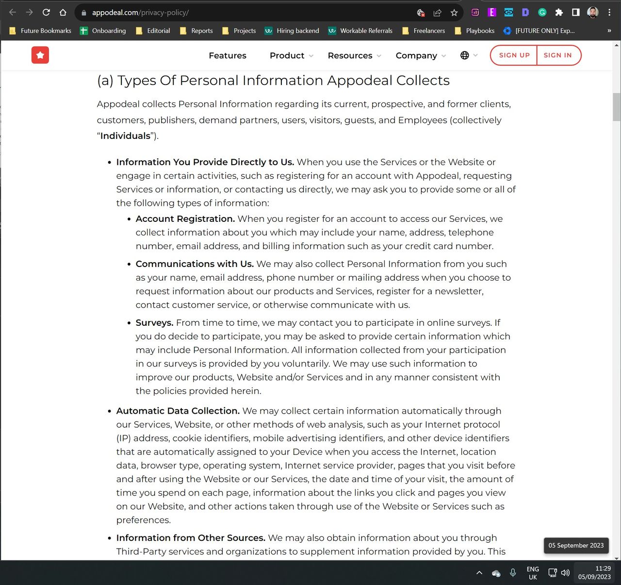 Screenshot of Appodeal Privacy Policy as of 05 September, 2023