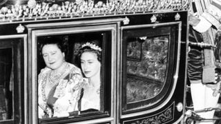 Queen Mother and Princess Margaret in the horse-drawn carriage for the coronation