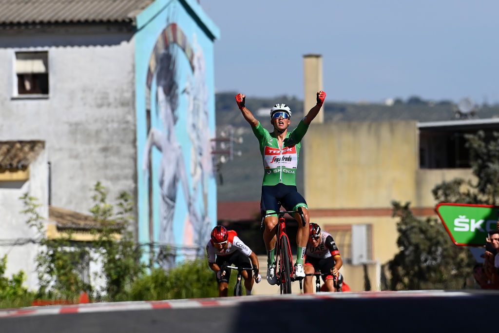 MONTILLA SPAIN SEPTEMBER 02 Mads Pedersen of Denmark and Team Trek Segafredo Green Points Jersey celebrates at finish line as stage winner during the 77th Tour of Spain 2022 Stage 13 a 1684km stage from Ronda to Montilla 315m LaVuelta22 WorldTour on September 02 2022 in Montilla Spain Photo by Tim de WaeleGetty Images