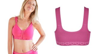 Woman wearing a pink post surgery sleep bra