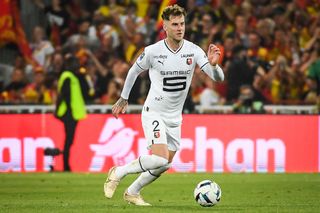 Joe Rodon of Stade Rennes controls the ball during the Ligue 1 match between RC Lens and Stade Rennes at Stade Bollaert-Delelis on August 27, 2022 in Lens, France.