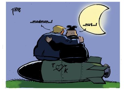 Political Cartoon U.S. Trump Kim Jong-Un Summit nuclear bomb love