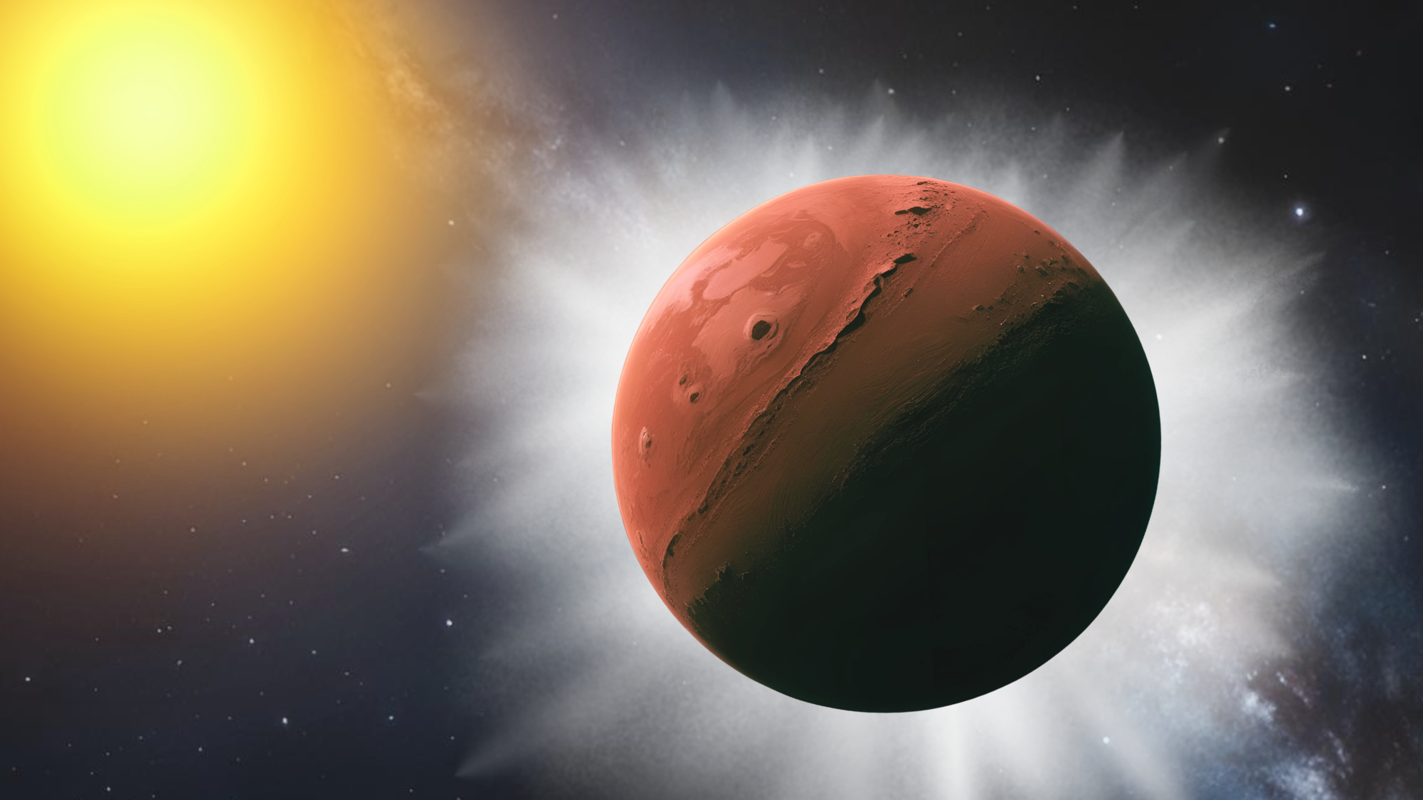 A rusty red shape surrounded by a spiky cloud of white smoke