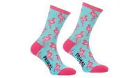 A pair of light bllue socks, with pink heel, toe and cuffs, the Primal logo on the sole and pink flamingos dotted throughout the design
