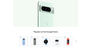 Screenshot from Google Store website with picture of mint green Google Pixel phone and other Google products