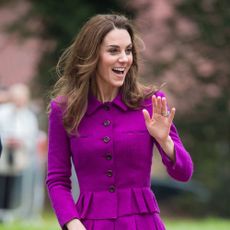 kate middleton in a fuchsia skirt suit, waving, to illustrate the story 'kate middleton's family home looks incredible in a new video' bucklebury manor in berkshire