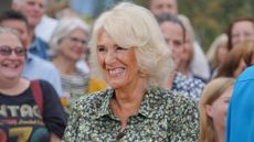 Queen Camilla with BBC presenter Fiona Bruce during her visit to the Antiques Roadshow at The Eden Project 