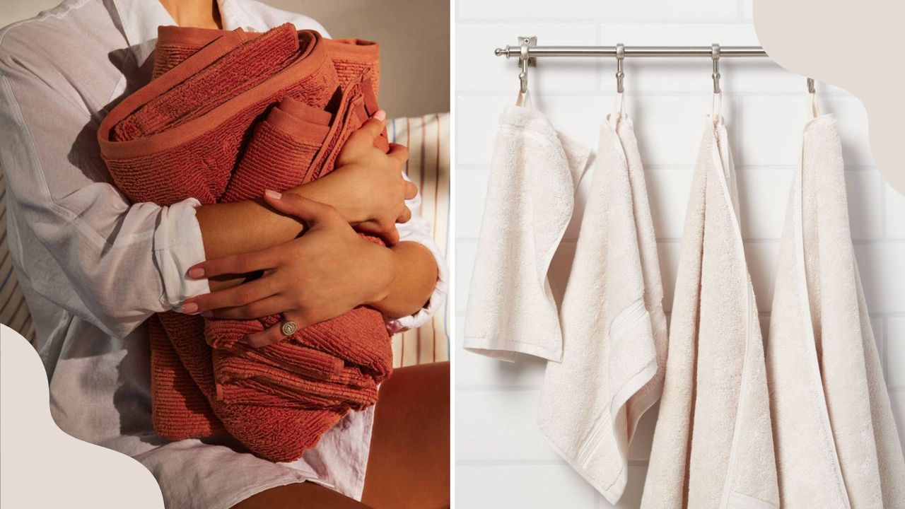 A side-by-side collage of a person holding burnt orange ribbed towels on the left and four cream bath towels on the right hanging on a hook, for w&amp;h&#039;s best bath towels.