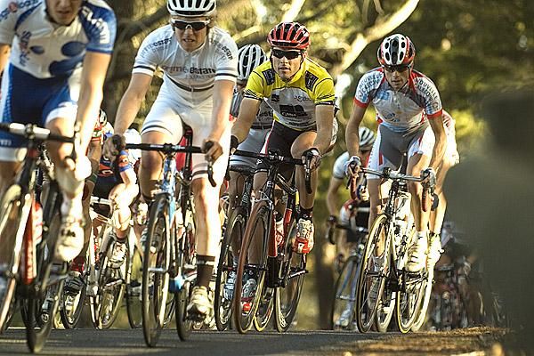 Tour leader Darren Rolfe (yellow) of the Fly V Australia team was safely tucked away in the peloton during racing on stage five.