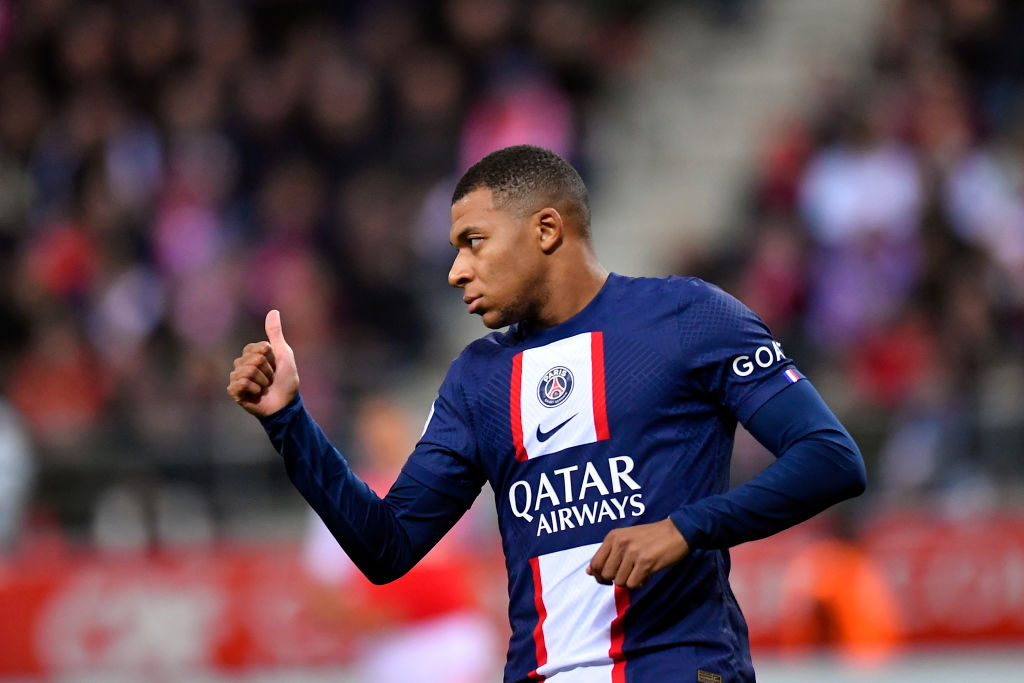 Kylian Mbappe of Paris Saint-Germain reacts during the Ligue 1 match between Stade Reims and Paris Saint-Germain at Stade Auguste Delaune on October 08, 2022 in Reims, France.