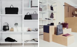 Two separate images shelves with items on them, bags and shoes