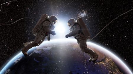 An illustration of two astronauts floating in white space suits above the Earth