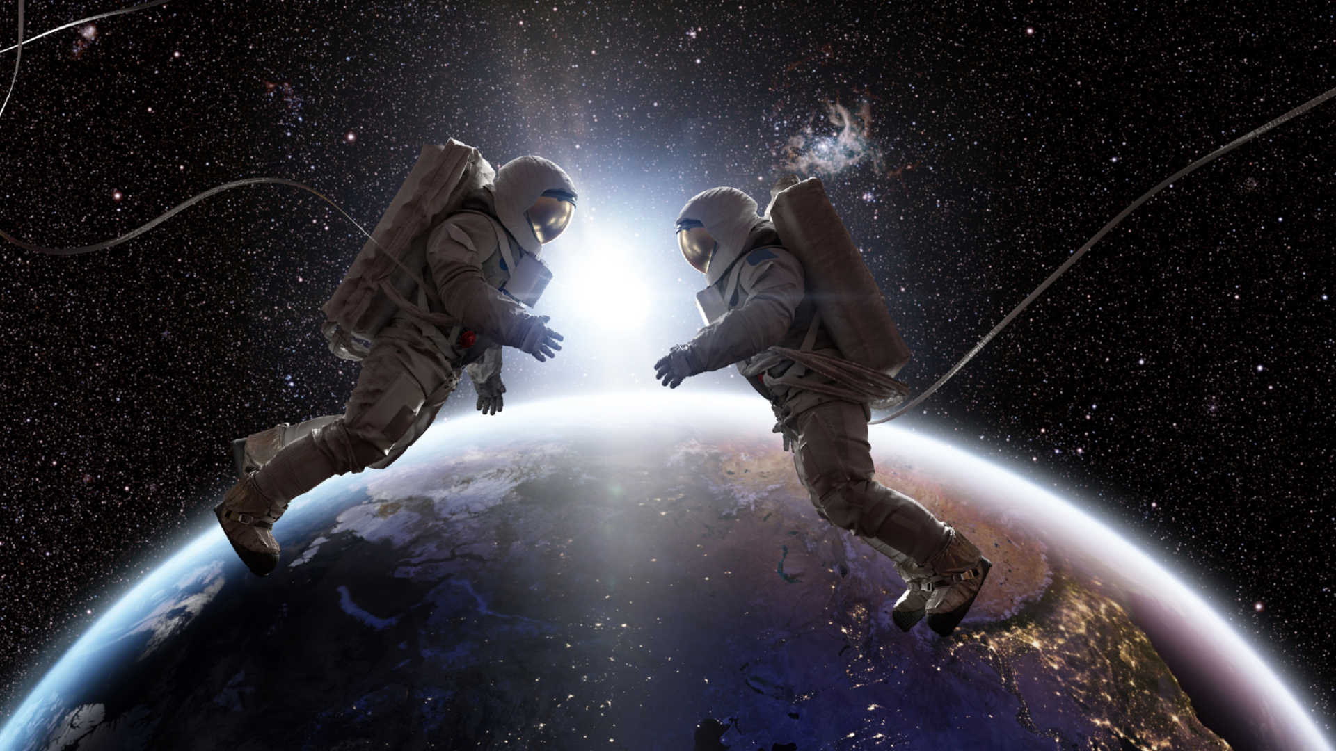 An illustration of two astronauts floating in white space suits above the Earth