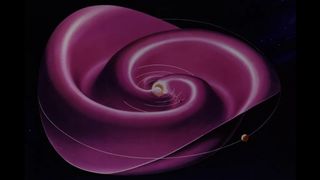 the sun is at the center and a twirling purple sheet extends out far into the solar system. It looks a bit like a dancers skirt rippling and ruffling as they spin.