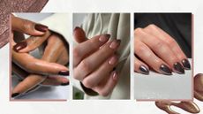 A collage of brown chrome and shimmer nails: on the left is a close-up of a hand with a copper and brown shimmery manicure by nail artist, Julia Diogo/@paintedbyjools, followed by a pictured of a hand with a chrome brown French tip manicure by Fliss Alton/@gelsbyfliss, and finally, on the right is a picture of a hand with an almond-shaped dark brown chrome manicure, also by Fliss Alton. All images are featured in a white and grey marble-look template, with brown glitter nail polish spills.
