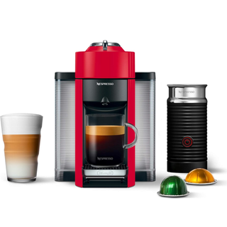 Nespresso Vertuo in red with an aeroccino around it
