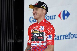 Mike Teunissen in the red jersey at the Vuelta a Espana