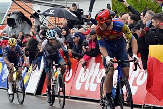 Remco Evenepoel, Santiago Buitrago and Thibau Nys in action during the men's race of the La Fleche Wallonne 2025