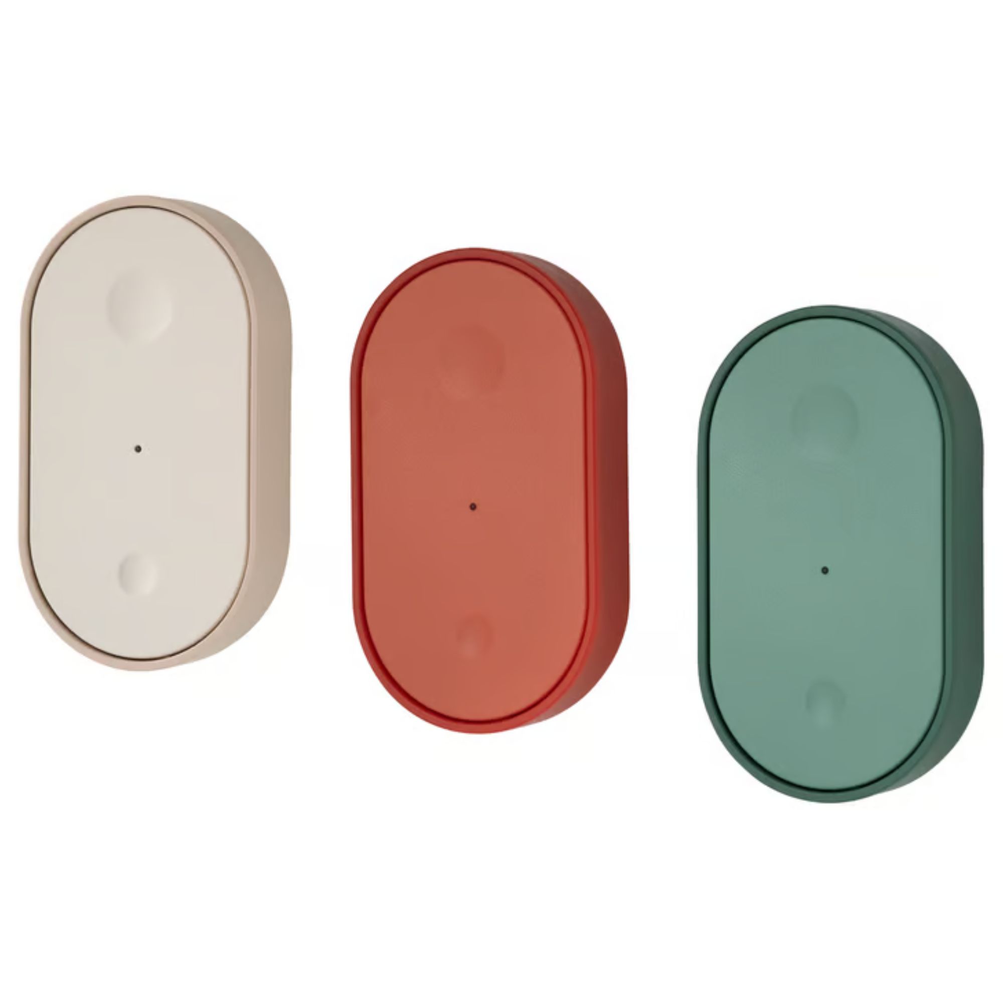 IKEA BILRESA Remote control kit, with a white, burnt orange, and green remote control included