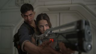 Tyler and Rain practice using the proto-pulse rifle in Alien: Romulus