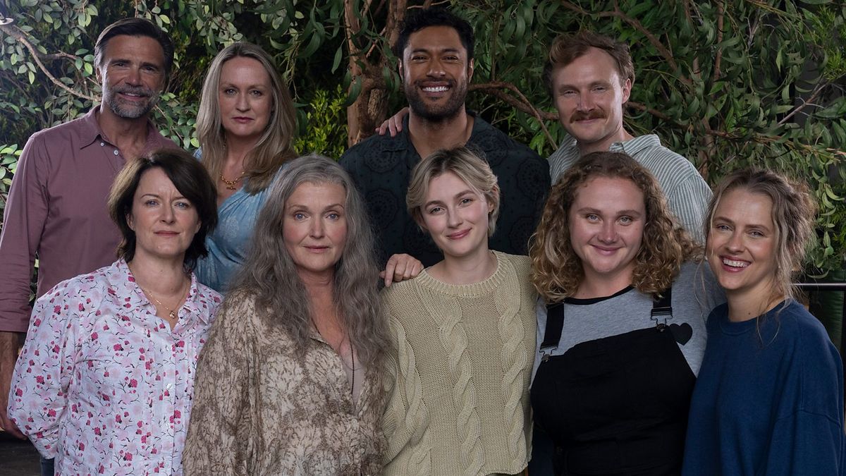 The Last Anniversary cast (from left to right) Jeremy Lindsay Taylor, Helen Thomson, Uli Latukefu, and Charlie Garber. Front row, left to right: Susan Prior, Miranda Richardson, Claude Scott-Mitchell, Danielle Macdonald, and Teresa Palmer