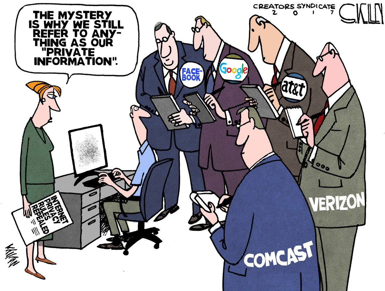 Editorial Cartoon Information privacy Congress vote mainstream media Google Comcast Facebook Verizon AT&amp;amp;amp;T