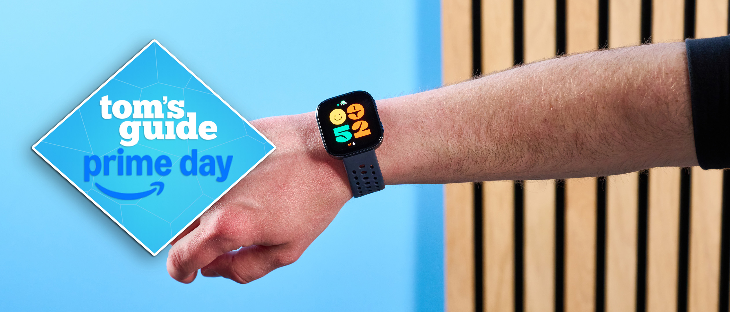 Amazfit Bip 6 smart watch on a man's wrist with a prime day tag