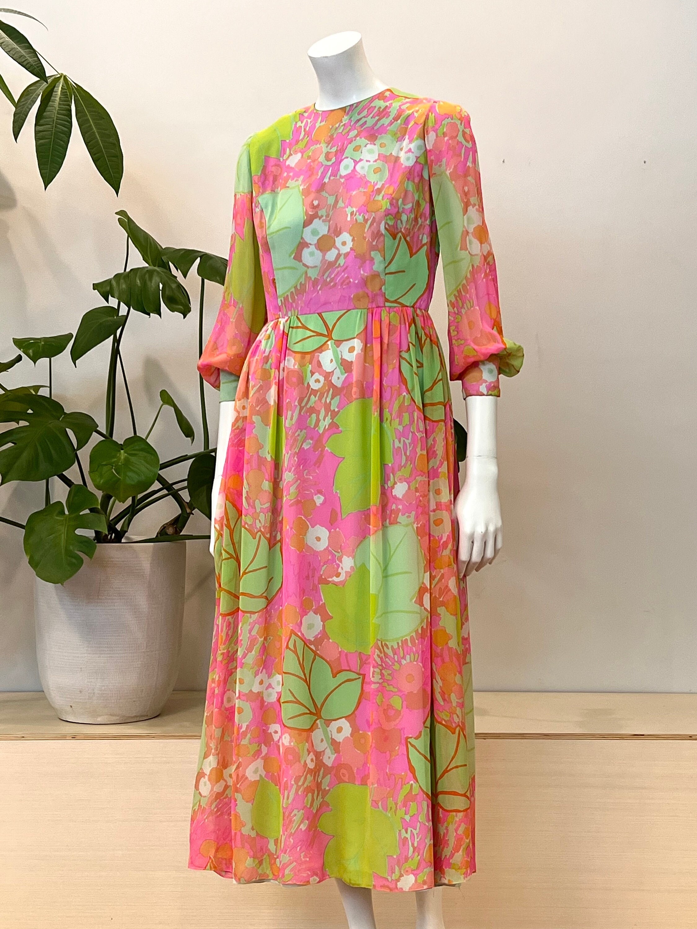 vintag abstract floral silk chiffon midi maxi dress
