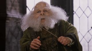 Warwick Davis as Professor Flitwick in Harry Potter and the Sorcerer's Stone teaching everyone how to levitate a feather.