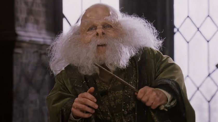 Warwick Davis as Professor Flitwick in Harry Potter and the Sorcerer's Stone teaching everyone how to levitate a feather.