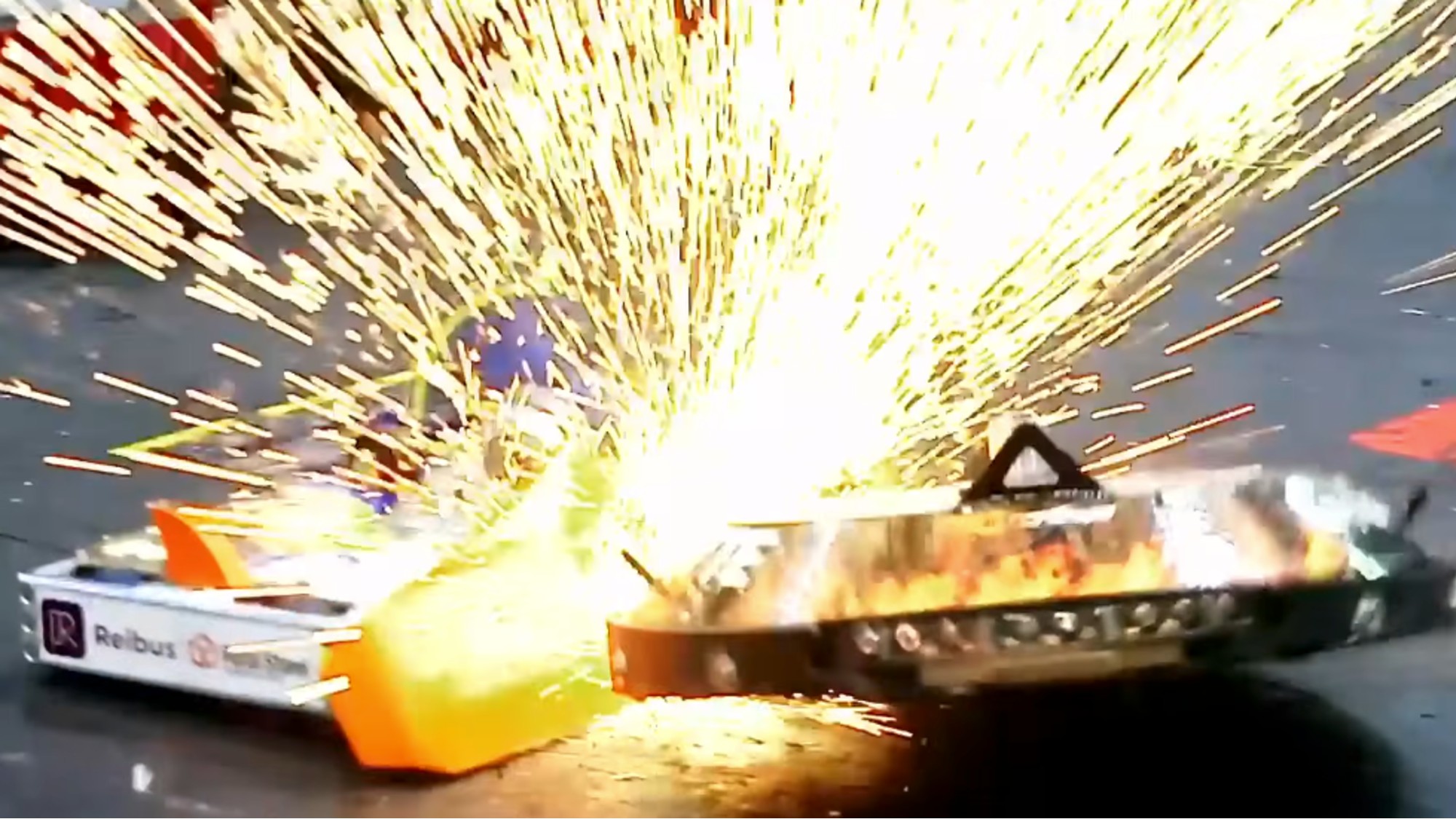 Two robots clashing with each other, sending up sparks in BattleBots Pro League