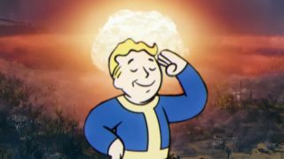 An illustration of Vault Boy saluting before a nuclear mushroom cloud.