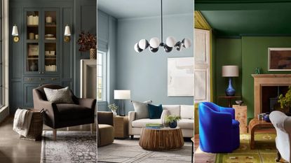 dark green-gray living room, light blue living room, green living room with bright blue chair